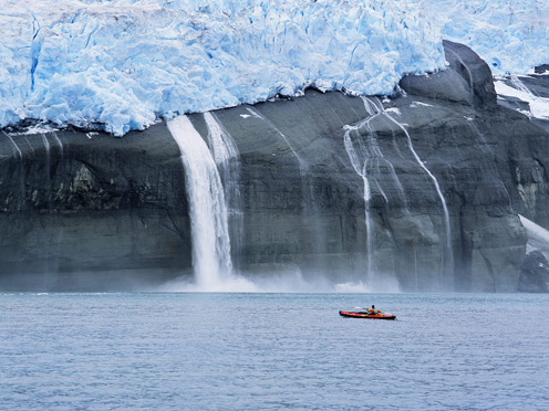 Kayaker and Hanging Glacier, Icy Bay, Alaska