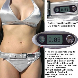 silver smart bikini jpg idea a high tech silver colored SmartSwim UV Meter Bikini It has a LED UV meter built into the belt which also shows if it s time to stop sinbahting The LED UV meter is solar powered SmartSwim Bikini Already Available A spokesperson for Solestorm company that launched the line of smart swimsuits says even though people are now more conscious of all the harmful