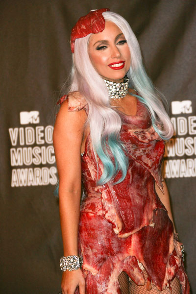 lady gaga meat dress pictures. Lady Gaga in raw meat dress