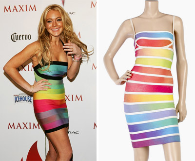 Lindsay Lohan in Herve Leger Rainbow Bandage Dress