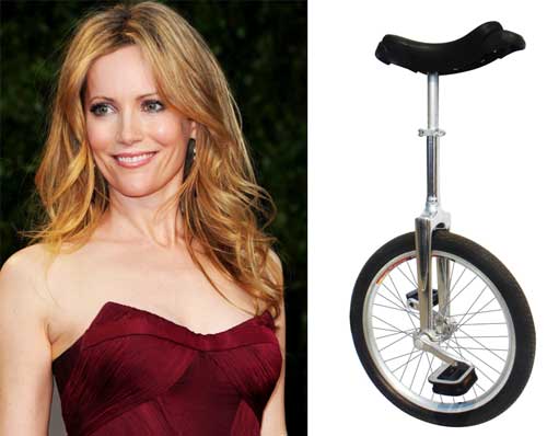 Leslie-Mann rides a unicycle